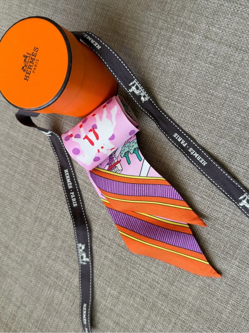 Hermes Pink Illustrated Silk Twilly with Orange Accents